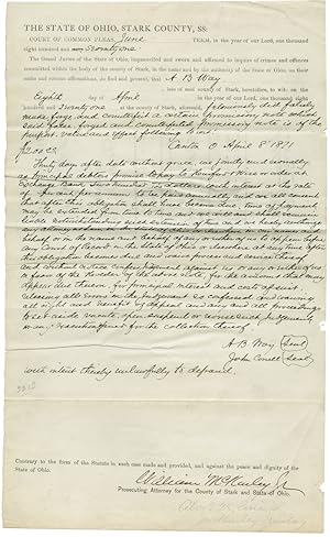 Seller image for AUTOGRAPH COURT DOCUMENT, SIGNED BY WILLIAM McKINLEY AS PROSECUTING ATTORNEY FOR STARK COUNTY, OHIO] for sale by William Reese Company - Americana