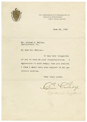 Seller image for TYPED LETTER, SIGNED IN A SECRETARIAL HAND, FROM CALVIN COOLIDGE TO ALFRED A. WELLES] for sale by William Reese Company - Americana