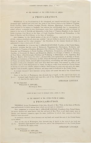 [RARE FIRST PRINTING OF TWO OF PRESIDENT ABRAHAM LINCOLN'S FINAL THREE PRESIDENTIAL PROCLAMATIONS]