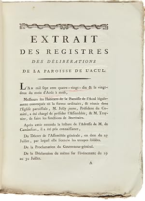 EXTRAIT DES REGISTRES DES DÉLIBÉRATIONS DE LA PAROISSE DE L'ACUL [caption title]