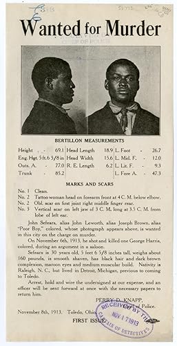 Seller image for PHOTOGRAPHIC WANTED POSTER FOR AN AFRICAN- AMERICAN MURDER SUSPECT IN TOLEDO, OHIO IN 1913] for sale by William Reese Company - Americana