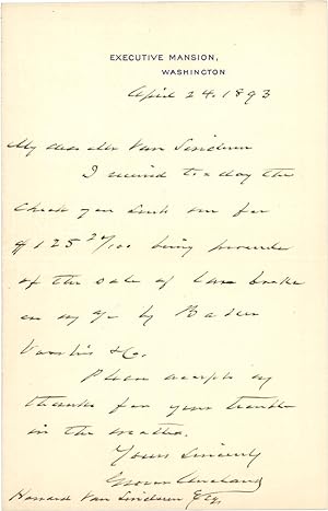 [AUTOGRAPH LETTER, SIGNED, FROM GROVER CLEVELAND TO HOWARD VAN SINDEREN, REGARDING THE SALE OF SO...