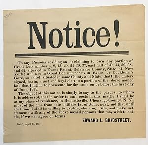 Seller image for NOTICE! TO ANY PERSONS RESIDING ON OR CLAIMING TO OWN ANY PORTION OF., THAT I, THE UNDERSIGNED.INTEND TO PROSECUTE FOR THE SAME for sale by William Reese Company - Americana