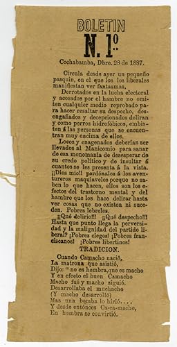 Seller image for BOLETIN N. 1º COCHABAMBA, DBRE. 28 DE 1887 [caption title] for sale by William Reese Company - Americana
