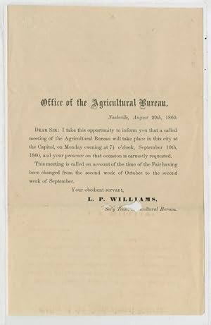 Seller image for OFFICE OF THE AGRICULTURAL BUREAU, NASHVILLE, AUGUST 20th, 1860 for sale by William Reese Company - Americana