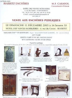 Image du vendeur pour Catalogue de ventes aux enchres - 11 dcembre 2005 - Htel des ventes mobilires - Biarritz : tableaux XIXe et modernes, Art d'Asie, objets d'art et de bel ameublement, bon mobilier ancien et de style mis en vente par Le-Livre