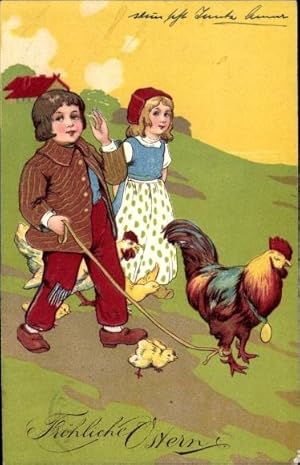 Präge Ansichtskarte / Postkarte Glückwunsch Ostern, Küken, Hühner, Kinder