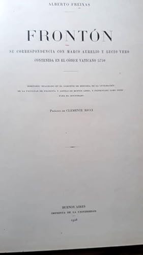 Fronton .Su Correspondencia con Marco Aurelio y Lucio Vero contenida en el Códice Vaticano 5750