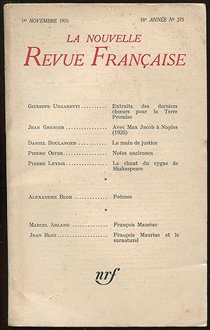 Seller image for La nouvelle revue Franaise n215- Extraits des derniers choeurs pour la terre promise, avec Max Jacob  Naples (1925).- Novembre 1970 for sale by LibrairieLaLettre2