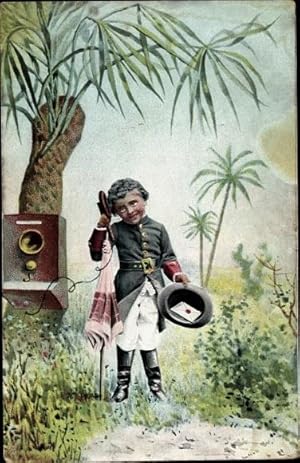 Bild des Verkufers fr Ansichtskarte / Postkarte Schwarzer Junge an einem Telefon, Palmen zum Verkauf von akpool GmbH