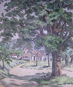 Haus hinter Bäumen, Lithographie von Bollmann 1948