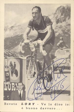 Bild des Verkufers fr Cartolina postale pubblicitaria della bevanda Lory raffigurante il corridore ciclista Gino Bartali, con firma autografa del celebre ciclista. zum Verkauf von studio bibliografico pera s.a.s.
