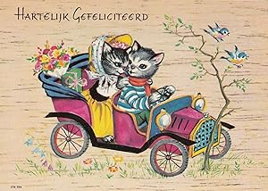 Imagen del vendedor de Cats In Pink Dutch Transport Antique Car Hartelijk Gefeliciteerd Postcard a la venta por Postcard Finder