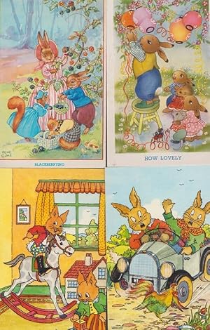 Rabbits Running Over A Hen In Car Rocking Horse Ballooon Party 4x Postcard s