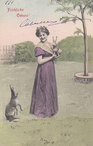 Big Rabbbit Begging to German Lady For Toy Baby Rabbit Antique Germany Postcard