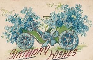 Blue Birthday Floral Cycle Floral Car REAL GLITTER ANTIQUE 3D STYLE Old Postcard