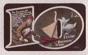 Boy With Toy Model Boat Swans Birds Greetings Antique Old 10th Birthday Postcard