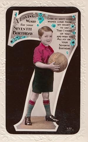 Football Happy 7th Birthday Childrens Footballer Greetings Antique Old Postcard