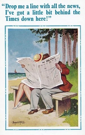 Lovers Kissing Behind The Times Newspaper Drop Me A Line Comic Humour Postcard
