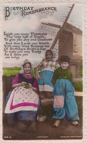 Happy Birthday English Children In Dutch Costume Windmill Old Greetings Postcard