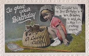 Cats Caught In Fishing Basket Child With Fish Rod Cat Hat Antique Photo Postcard