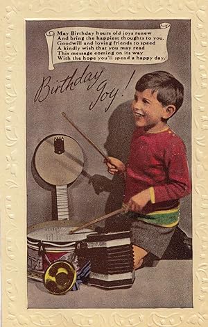Drummer Boy With Drumkit Banjo Xylophone Antique Happy Birthday Postcard