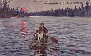 Image du vendeur pour Animal Hunter With Dog On Way To Hunting Ground In Boat Raft Antique Postcard mis en vente par Postcard Finder
