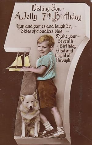 Boy with Toy Model Boat Dog Sea Cloudless Skies 7th Birthday Antique Postcard