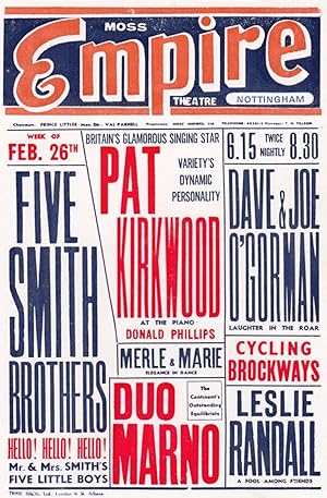Pat Kirkwood The Five Smith Brothers Live Moss Empire Nottingham Theatre Poster Postcard