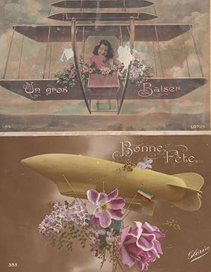 Two French France Old Antique Aircraft Plane Bonne Fete 2x Postcard s