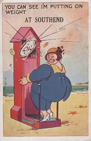 Putting On Weight Fat Lady Diet Breaking Scales Southend On Sea Antique Postcard