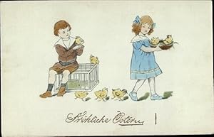 Ansichtskarte / Postkarte Glückwunsch Ostern, Küken, Kinder, Käfig