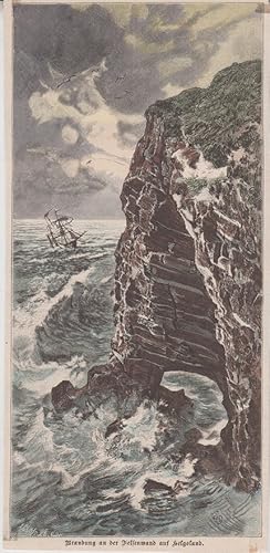 Orig. kolorierter Holzstich: Brandung an der Felsenwand auf Helgoland.