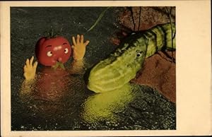 Ansichtskarte / Postkarte Tomate als Mensch im Wasser, Gurke als Krokodil