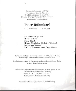 Imagen del vendedor de Todesanzeige fr Peter Rhmkorf. Gestorben 8. Juni 2008. a la venta por Fundus-Online GbR Borkert Schwarz Zerfa