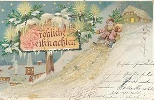 Glitzer Ansichtskarte / Postkarte Frohe Weihnachten, Weihnachtsmann auf Schlitten
