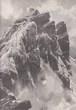Bild des Verkufers fr Das Mnchner Haus auf dem Westgipfel der Zugspitze. Ansicht mit figrlicher Staffage. zum Verkauf von Antiquariat Hild