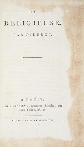 Bild des Verkufers fr La Religieuse, par Diderot. zum Verkauf von Bonnefoi Livres Anciens