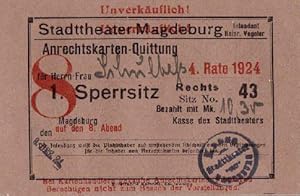 Intendant Heinr. Vogeler. Anrechtskarten-Quittung für Herrn/Frau Schultheß, 4.Rate 1924 für 1.Spe...