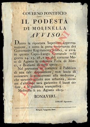 Avviso di fiera di bestiami e merci , in questo Capo-Luogo Comunale, nelli giorni 24, 25, 26 e 27...