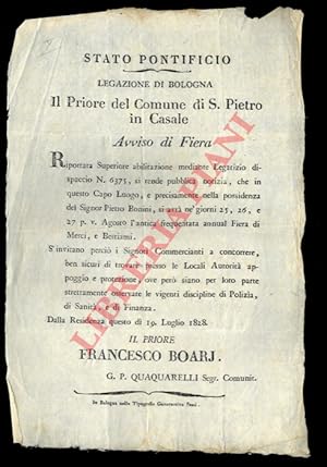 Avviso di fiera di bestiami e merci , in questo Capo-Luogo, nei giorni 25, 26 e 27 agosto.