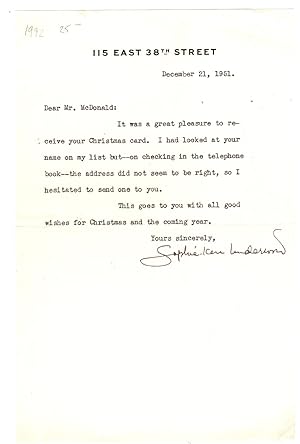 TLS from NYC Editor/Author Sophie Kerr Underwood to Mr. (Gerald) McDonald with thanks for Christm...