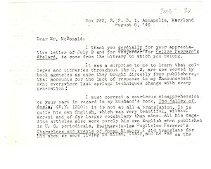 TLS from poet Frances Ferrero to Mr. McDonald (of the NYPL) regarding her husband Felice Ferrero'...