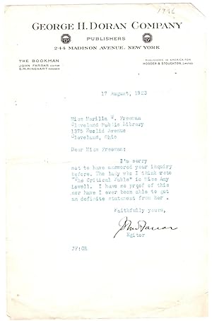 TLS from John Farrar, Editor of George H. Doran Company to prominent librarian Miss Marilla W. Fr...