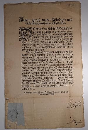 Barock-Schnörkelbrief: Gedrucktes und postalisch gelaufenes Zirkular 1680: Anordnung eines Dankfe...