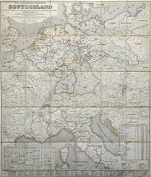 Bild des Verkufers fr Stahlstich- Karte, n. G. Hanser bei Schubert & Comp., "Post- und Eisenbahn - Reisekarte. Deutschland, Holland, Belgien, die Schweiz, Italien bis Neapel, der grte Theil von Frankreich, Ungarn, Polen etc. - Mit besonderer Rcksicht auf Eisenbahnen und Seedampfschiffahrt .". zum Verkauf von Antiquariat Clemens Paulusch GmbH