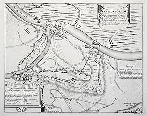 Bild des Verkufers fr Befestigungsgrundri m. Umgebung, "Plan de Belgrade, assig par l'Arme Imperiale sous le comandement de S.A.S. le Prince Eugne de Savoye.", mit Erklrungen von A - V. zum Verkauf von Antiquariat Clemens Paulusch GmbH