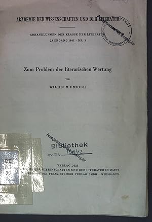 Imagen del vendedor de Zum Problem der literarischen Wertung; Akademie der Wissenschaften und der Literatur, Abhandlungen der Klasse der Literatur, Jg. 1961, Nr. 3; a la venta por books4less (Versandantiquariat Petra Gros GmbH & Co. KG)