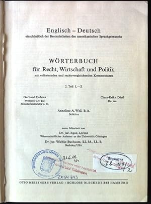 Bild des Verkufers fr Wrterbuch fr Recht, Wirtschaft und Politik, 2.Teil L-Z, Englisch-Deutsch zum Verkauf von books4less (Versandantiquariat Petra Gros GmbH & Co. KG)