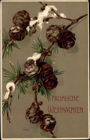 Präge Ansichtskarte / Postkarte Frohe Weihnachten, Tannenzapfen, Tannenzweig, Schnee
